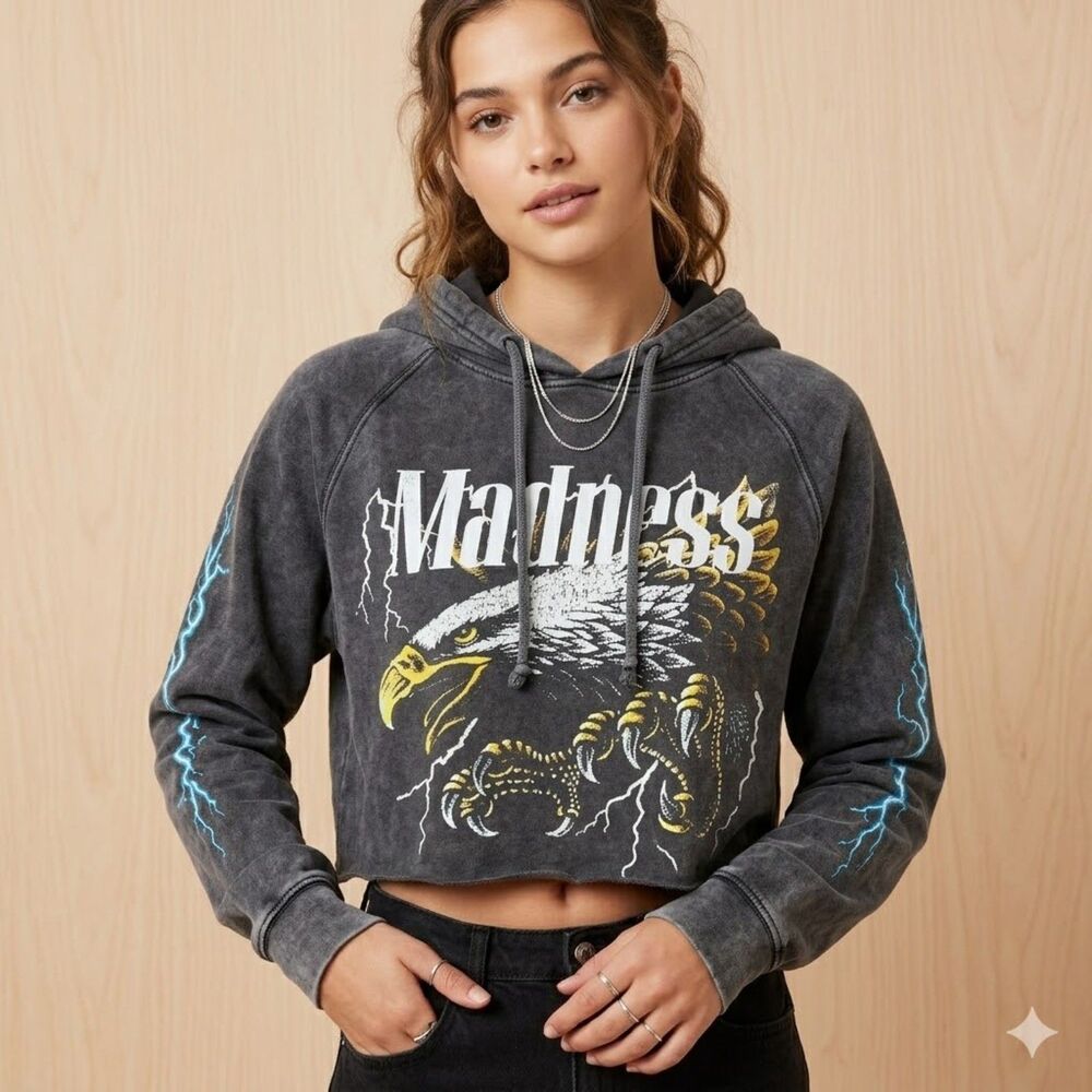 PacSun Cropped Mineral Wash "MADNESS" Eagle Hoodie - Size Small
